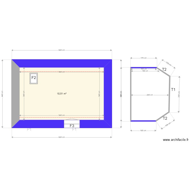 Dupille R+1 Maison 2. Plan de 3 pièces et 45 m2