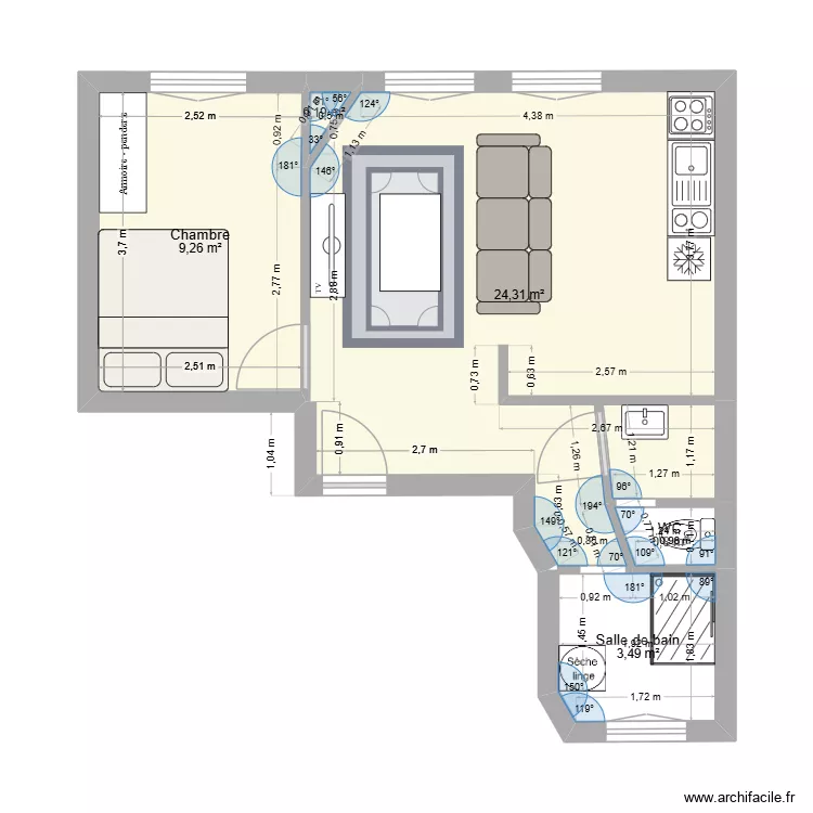 117 daremont SDB Cuisine. Plan de 5 Pièces et 38 m²
