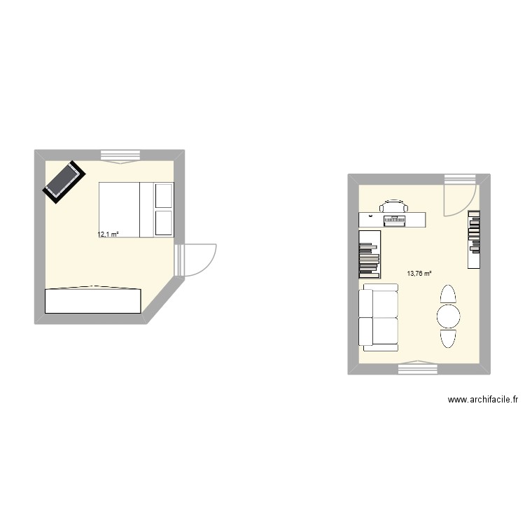 chambre. Plan de 2 pièces et 26 m2