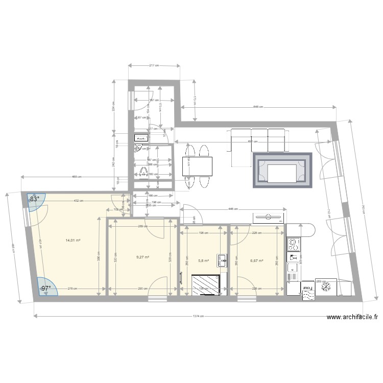 PLANS  NOUVEL ANGLE :  Piece a vivre. Plan de 4 pièces et 36 m2