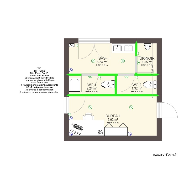 toilettes et bureau sols et murs. Plan de 0 pièce et 0 m2