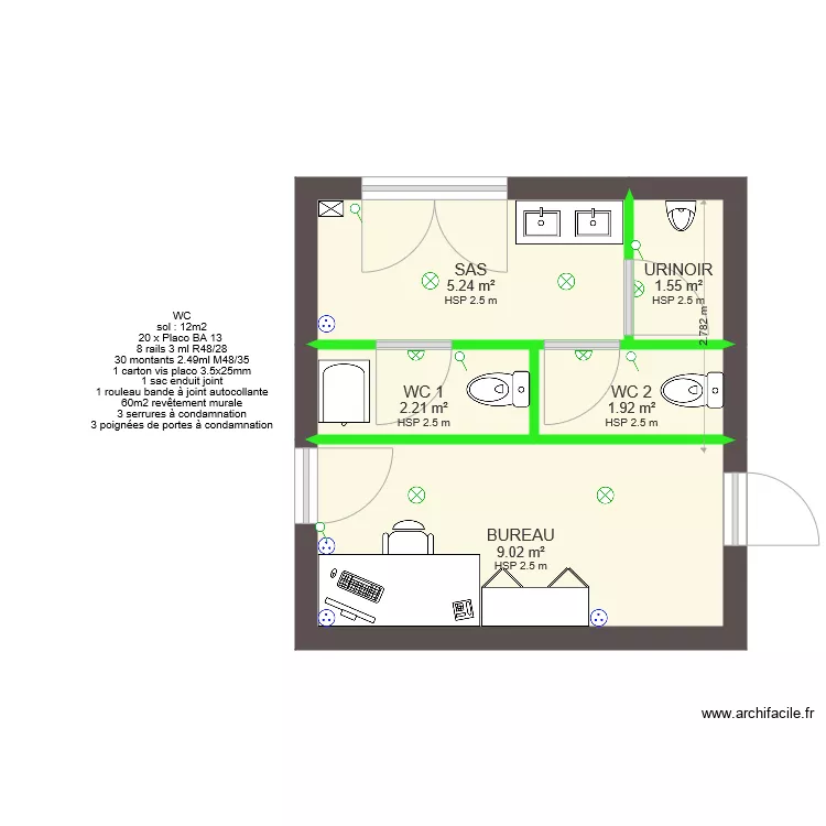 toilettes et bureau sols et murs. Plan de 