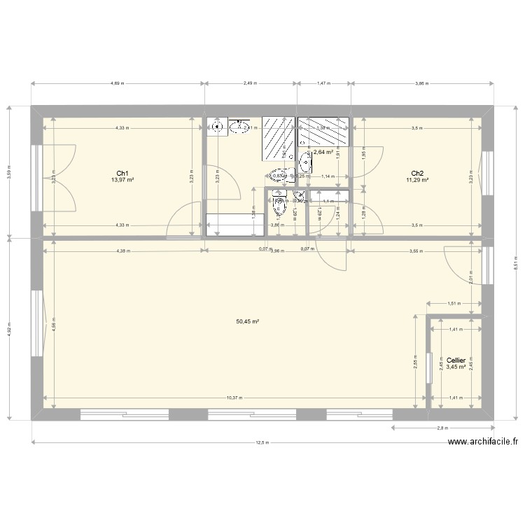 base mod 2. Plan de 6 pièces et 91 m2