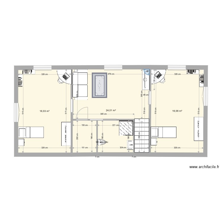 Combles aménageables avec 2 chambres et SDB possibilité porte coulissante à l escalier. Plan de 3 pièces et 58 m2