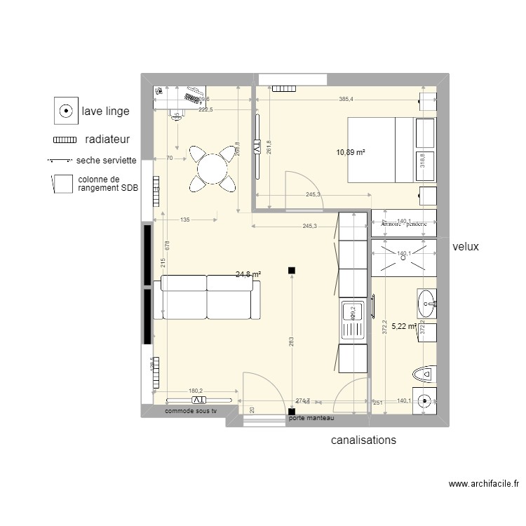 T2 dans combles. Plan de 3 pièces et 41 m2