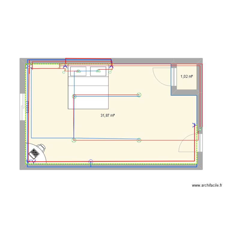 chambre hotel. Plan de 2 pièces et 33 m2
