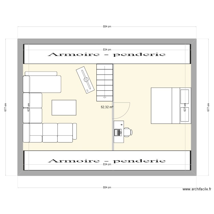 extension étage meublé. Plan de 1 pièce et 52 m2