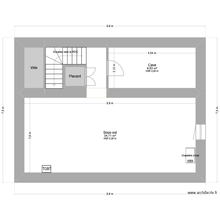 Sous-Sol. Plan de 5 pièces et 54 m2