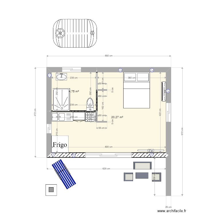 Bungalow F1 30m2. Plan de 2 pièces et 25 m2