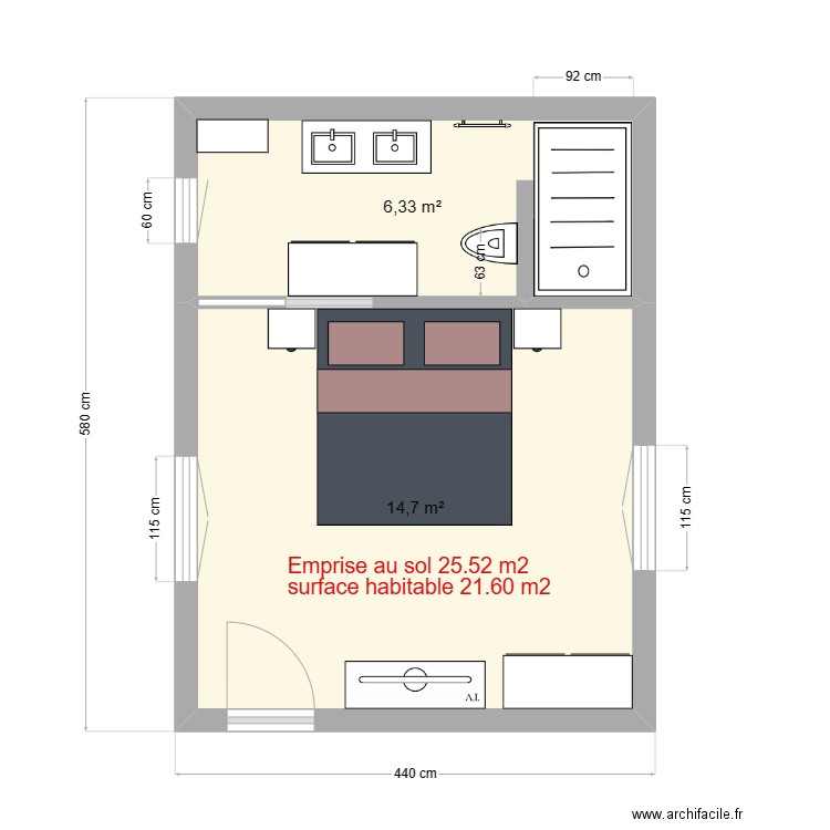 Extension chambre. Plan de 2 pièces et 21 m2