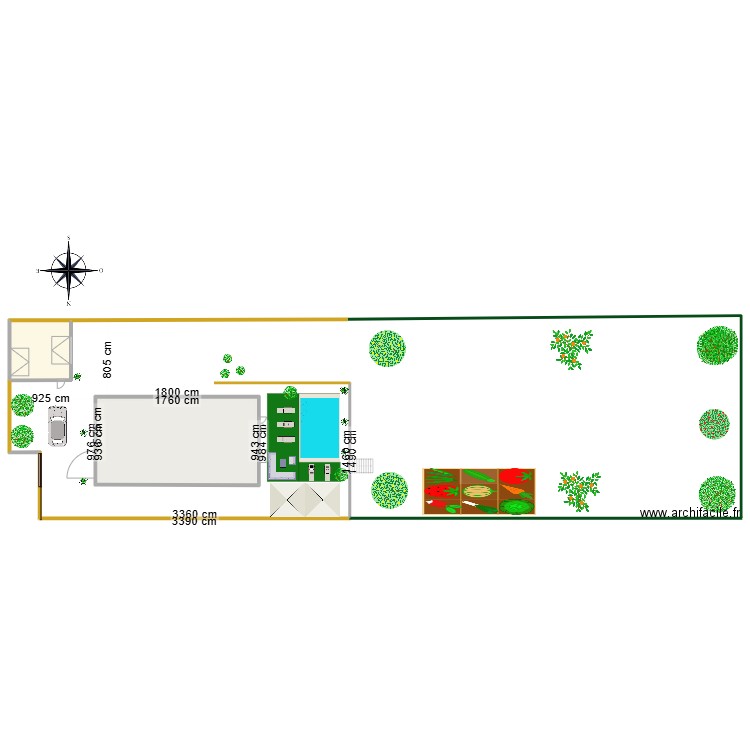 Vue en plan terrain et maison garage sans terrasse SUD. Plan de 0 pièce et 0 m2