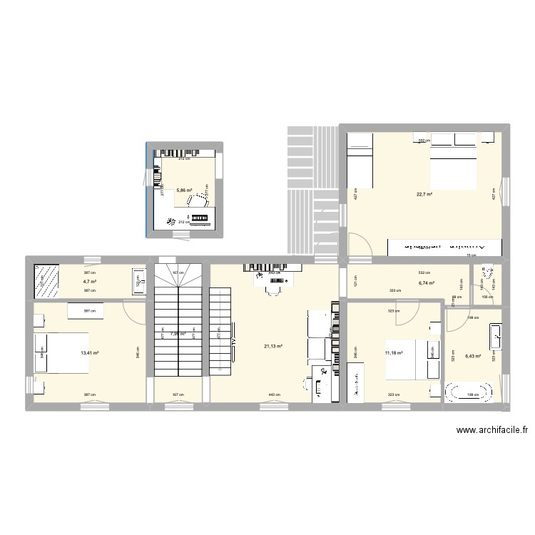 étage haut . Plan de 9 pièces et 100 m2