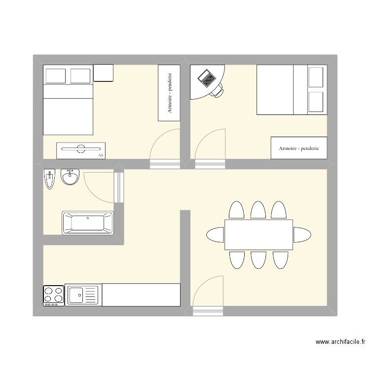 casa examen. Plan de 3 pièces et 44 m2