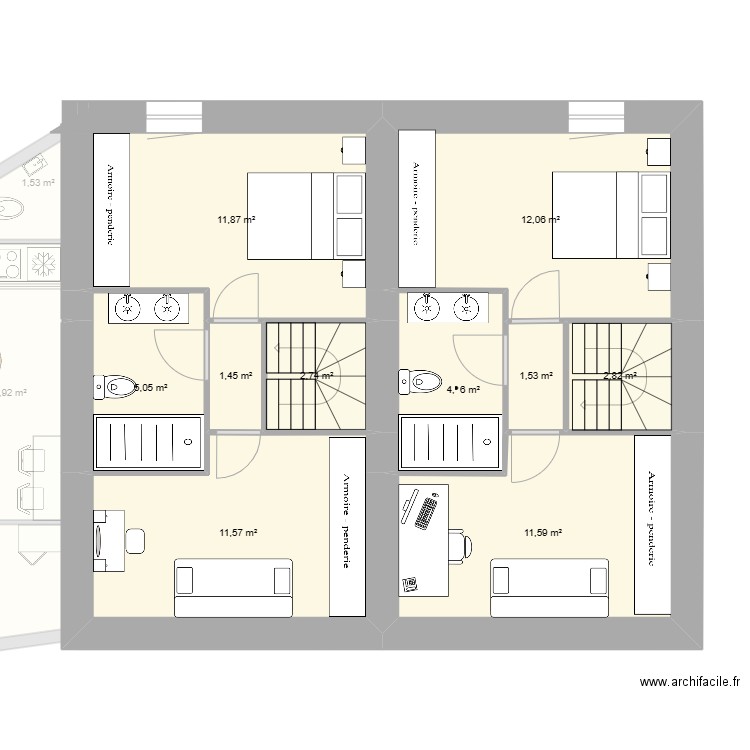 PAULINE+ SOEUR. Plan de 17 pièces et 148 m2