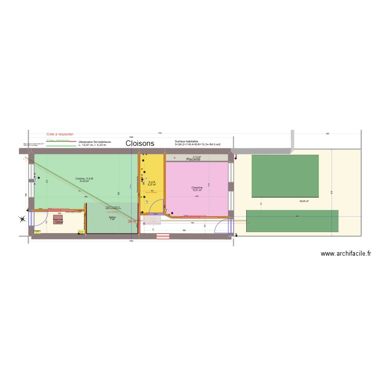 Surfaces au sol 02. Plan de 7 pièces et 108 m2