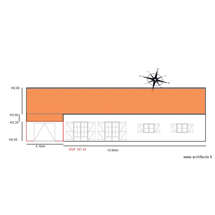 Facade SUD SV. Plan de 2 pièces et 12 m2