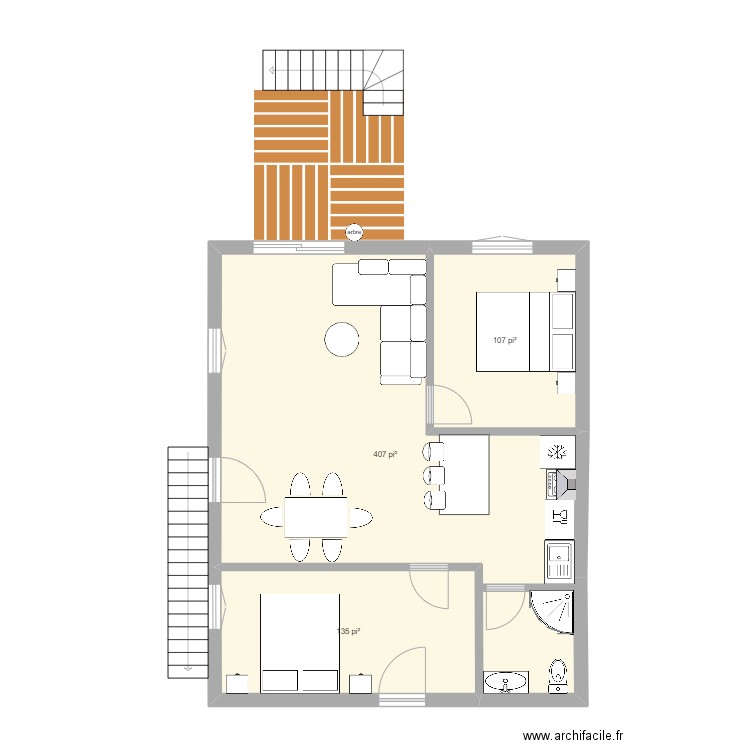 242 2eme étage arrière. Plan de 3 pièces et 60 m2