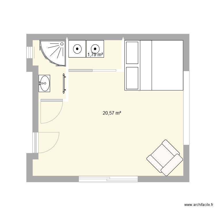 extension 1. Plan de 2 pièces et 22 m2