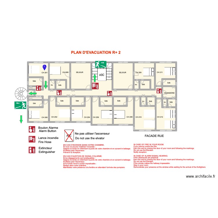 Plan évacuation 2ième Etage. Plan de 33 pièces et 51 m2