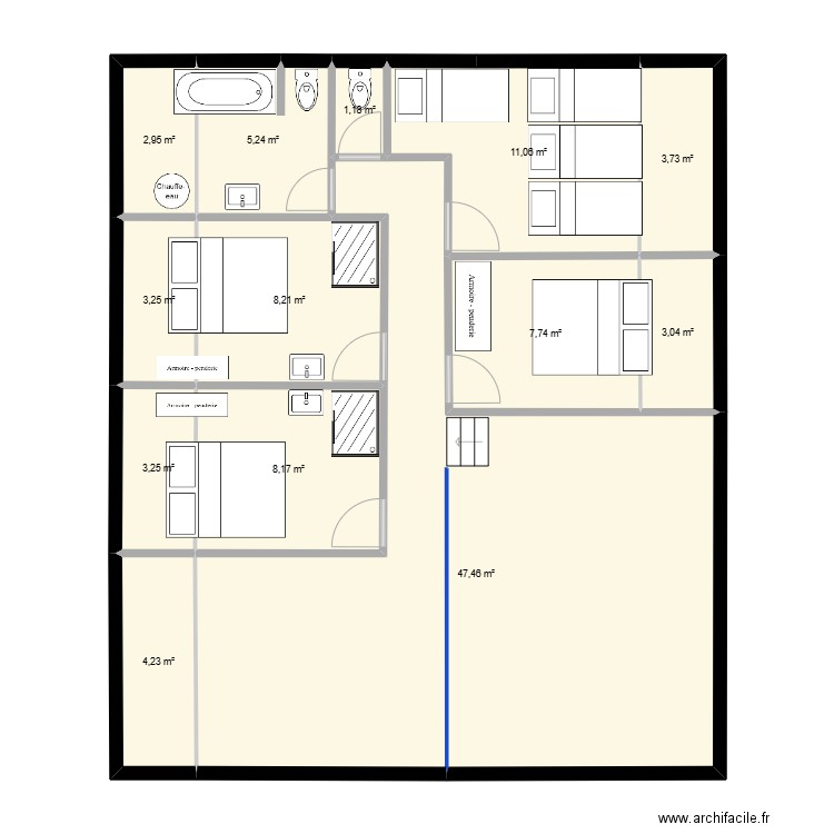 barOC R+2. Plan de 13 pièces et 110 m2