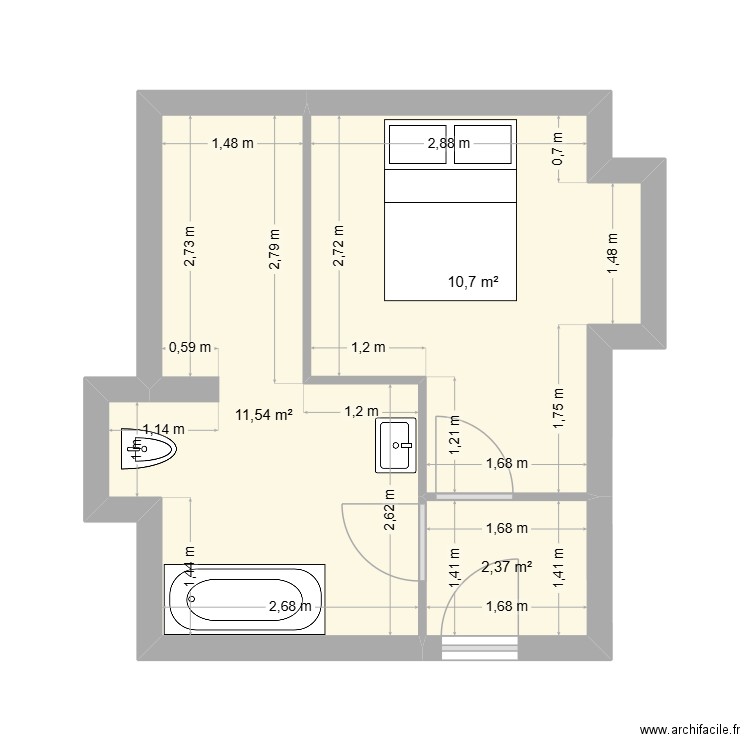 chambre parentale 2. Plan de 3 pièces et 25 m2