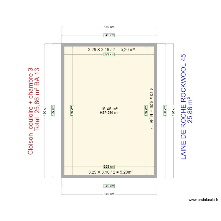 cloison couloire + ch 3. Plan de 1 pièce et 15 m2