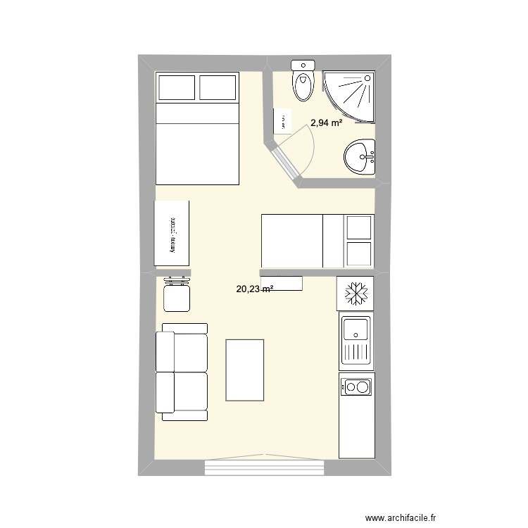 Plan studio Moulin. Plan de 2 pièces et 23 m2