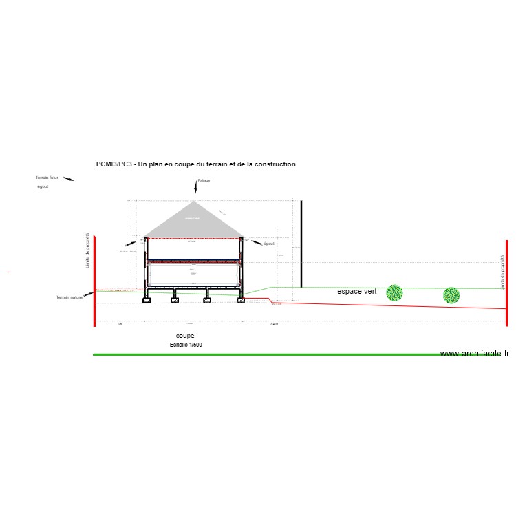 Coupe terrain. Plan de 1 pièce et 31 m2