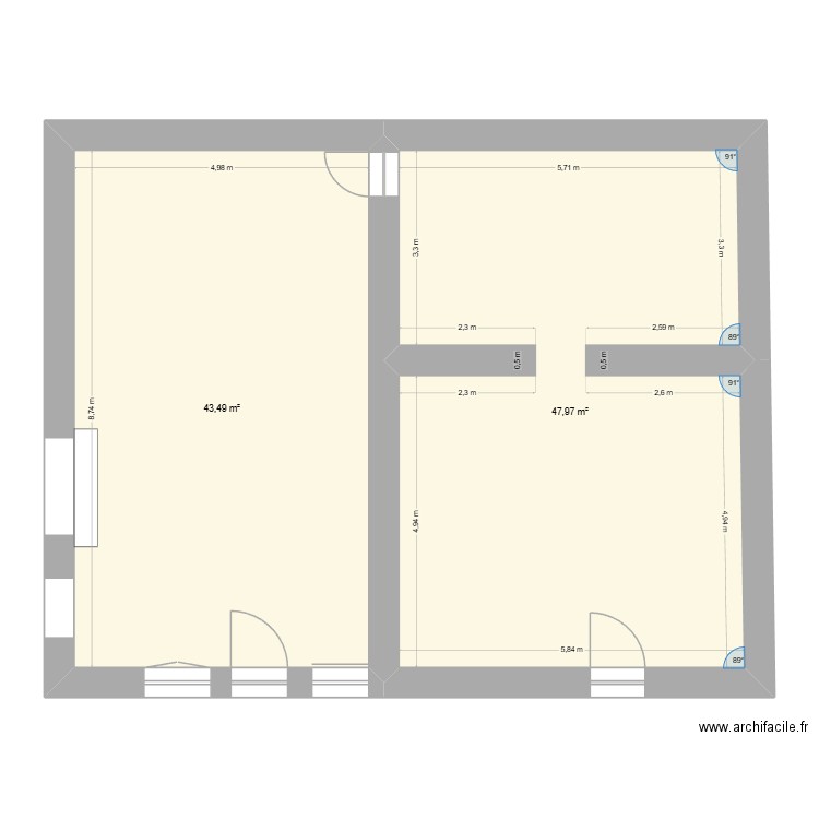 rdc actuel. Plan de 2 pièces et 91 m2