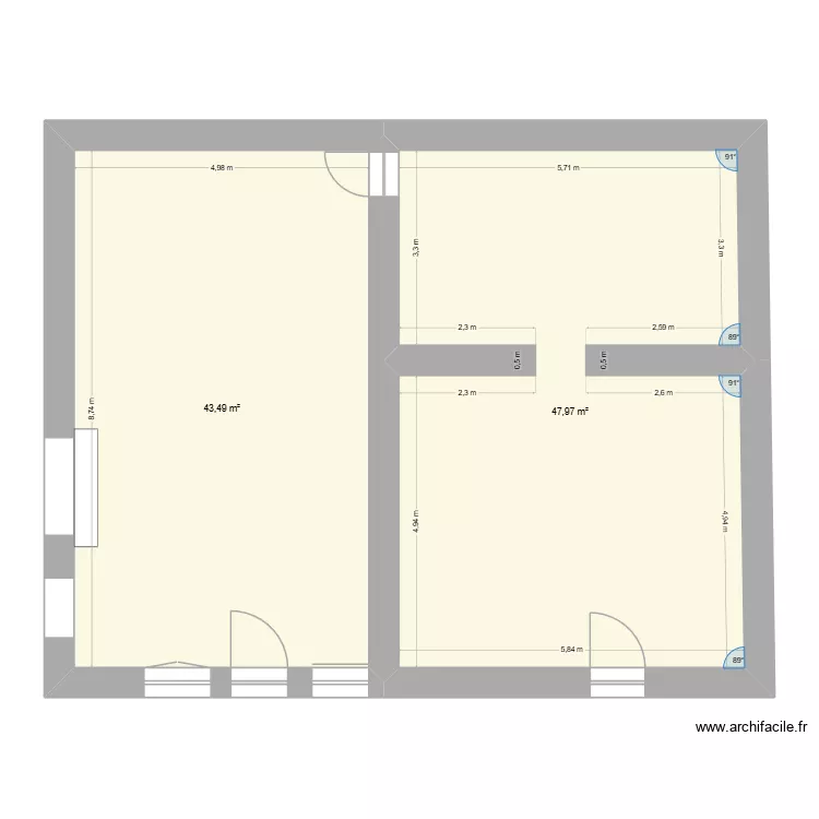 rdc actuel. Plan de 2 pièces et 91 m²