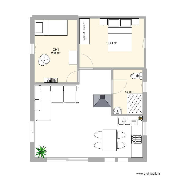 Plan maison 1. Plan de 3 pièces et 24 m2