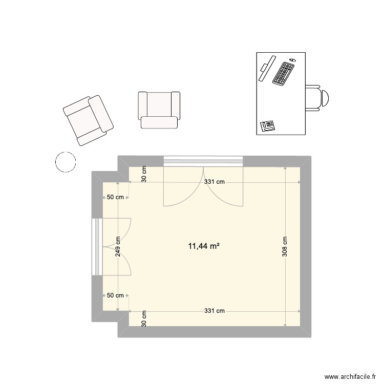 Bureau 2. Plan de 1 pièce et 11 m2