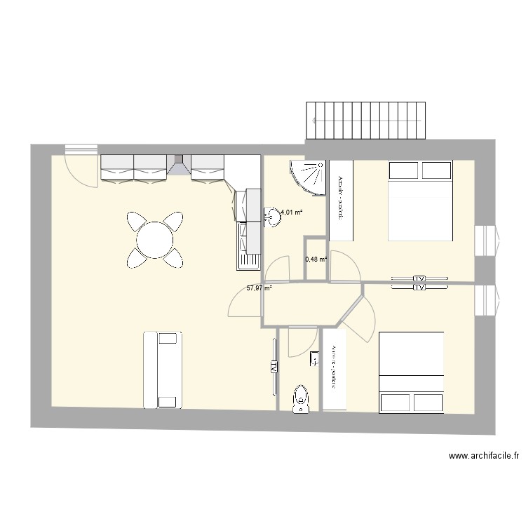 Modèle 1. Plan de 3 pièces et 62 m2