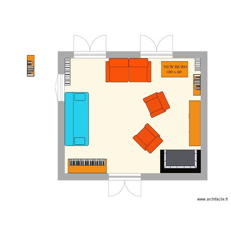 BOURISP RDC Salon avec PIANO et canapé. Plan de 1 pièce et 22 m2