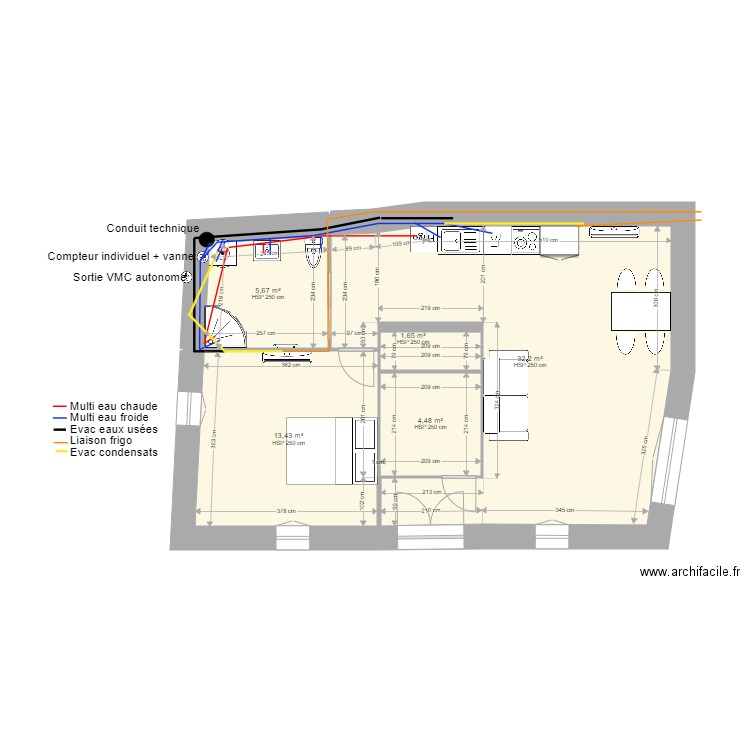 Malaucene R3 plomberie. Plan de 5 pièces et 57 m2