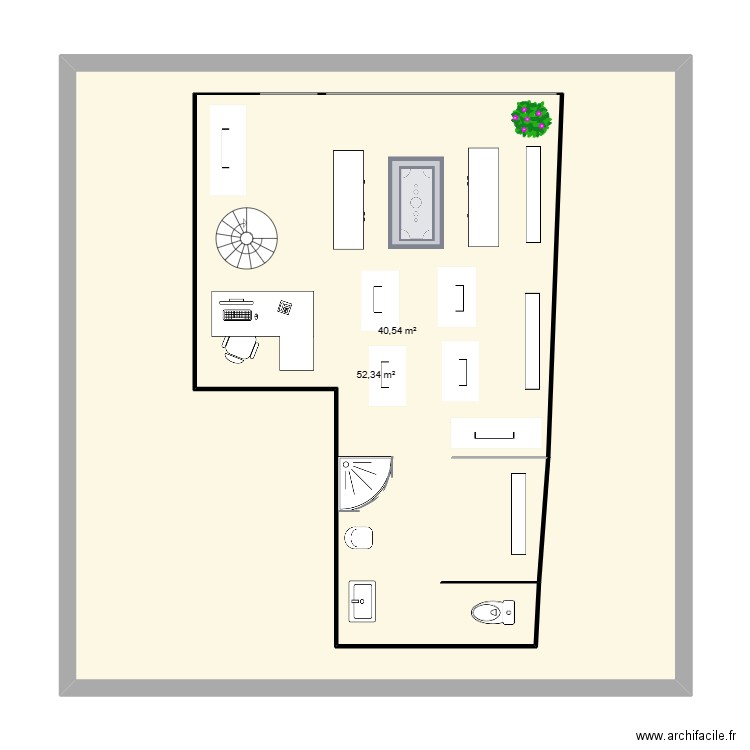 boutique . Plan de 2 pièces et 134 m2