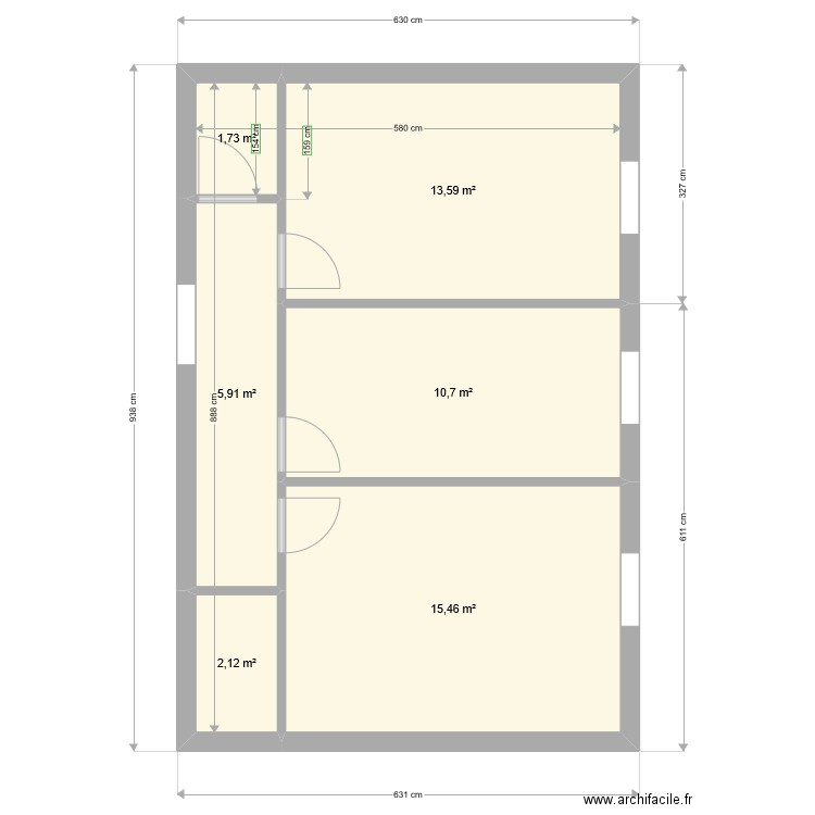 Montpellier 1er etage. blanc. Plan de 6 pièces et 50 m2