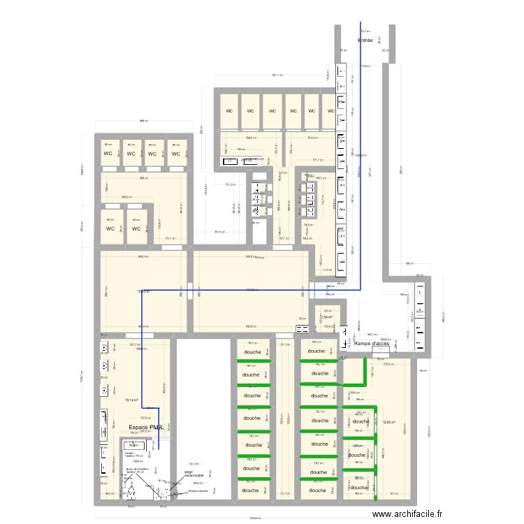 Rochetaillée - sanitaire sous le chateau - version espace PMR. Plan de 39 pièces et 181 m2