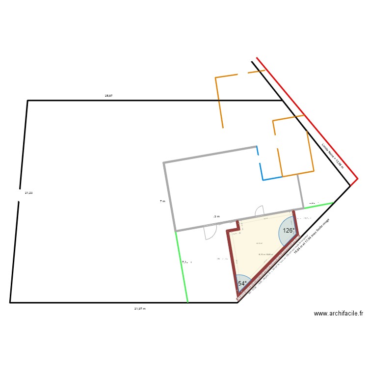 Extension triangle 2 Ch 29 M2 mur externe. Plan de 1 pièce et 30 m2