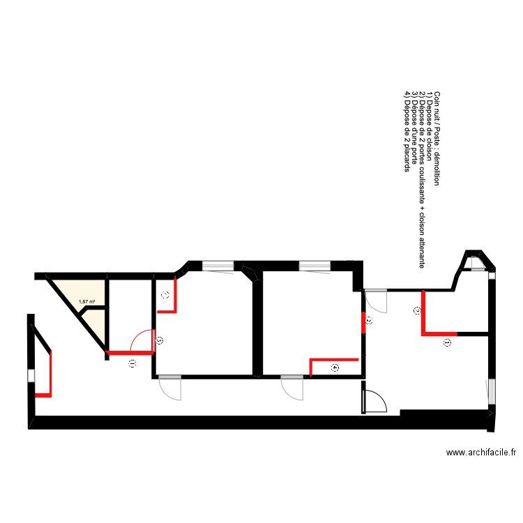 coin nuit (poste démolition). Plan de 1 pièce et 2 m2