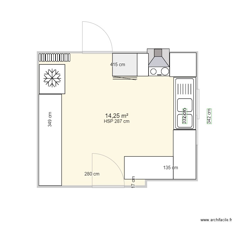 cuisine. Plan de 1 pièce et 14 m2