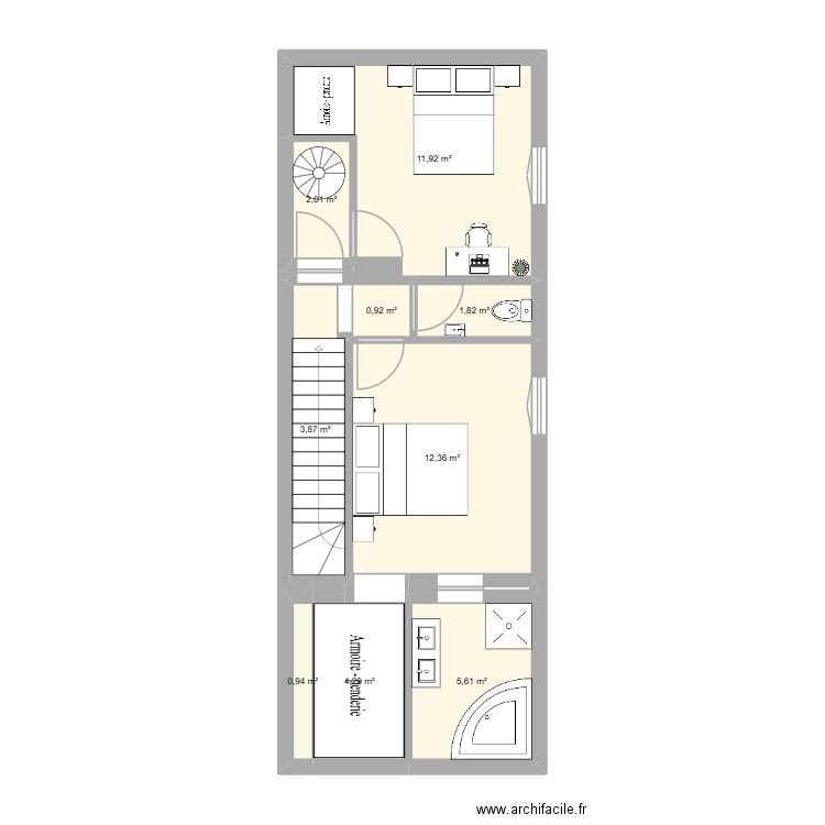 1 etage modif. Plan de 9 pièces et 44 m2