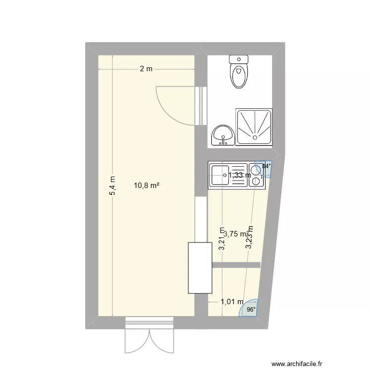 Plan appart RDC Nord Est. Plan de 2 pièces et 15 m²