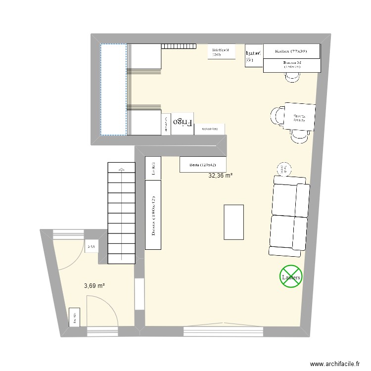 Cuisine - Salon. Plan de 2 pièces et 36 m2