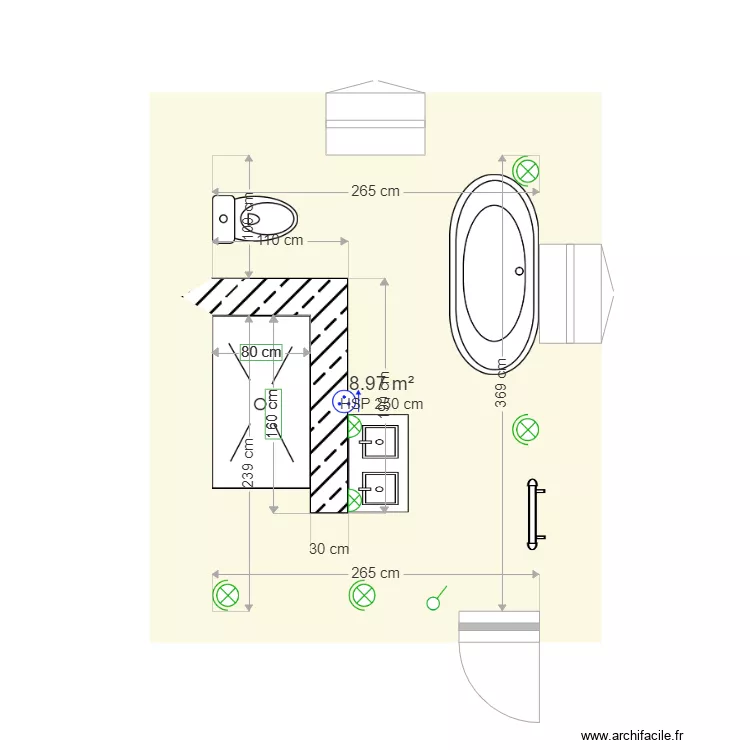 Salle de bain et WC. Plan de 