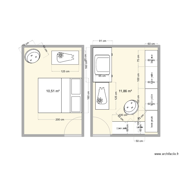 Porcinette d'amour. Plan de 2 pièces et 22 m2