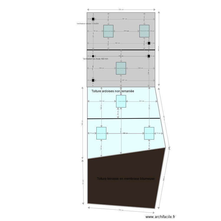 Plan de toiture habitation et toiture terrasse. Plan de 2 pièces et 56 m2