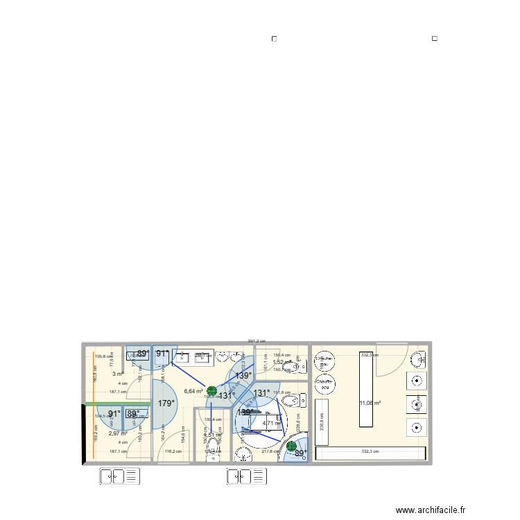 sanitaires. Plan de 7 pièces et 31 m2