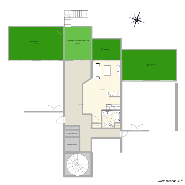 Appartement A12 existant. Plan de 13 pièces et 139 m2