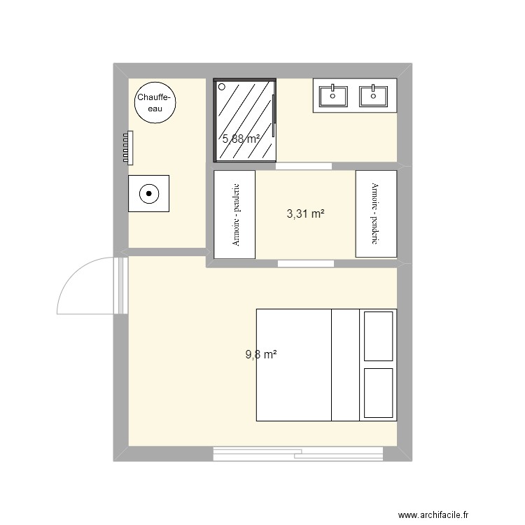 suite 1. Plan de 3 pièces et 19 m2